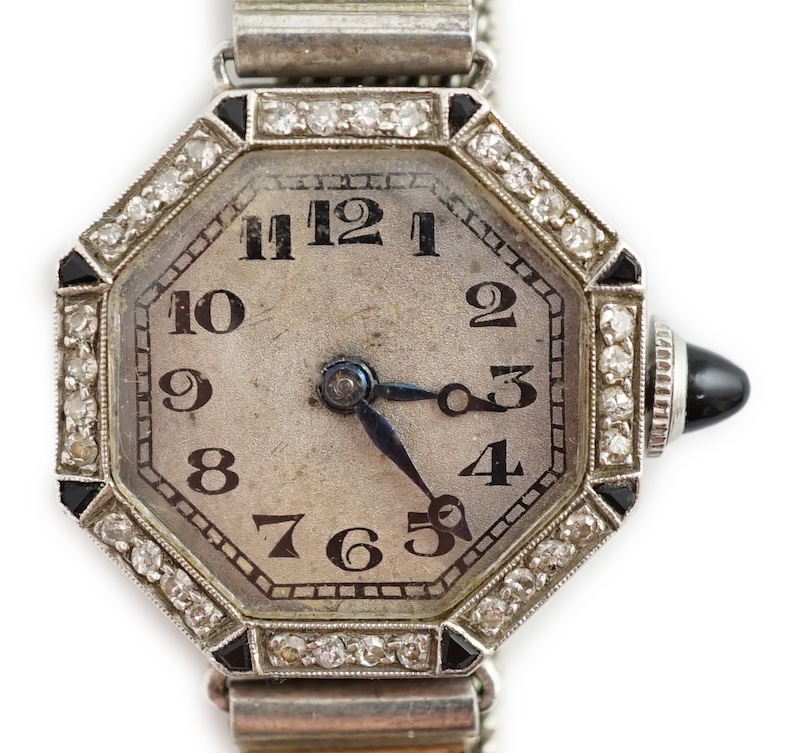 A lady's 1940's? 18ct gold, black onyx and diamond set Glycine Watch Co manual wind octagonal cocktail watch, 250